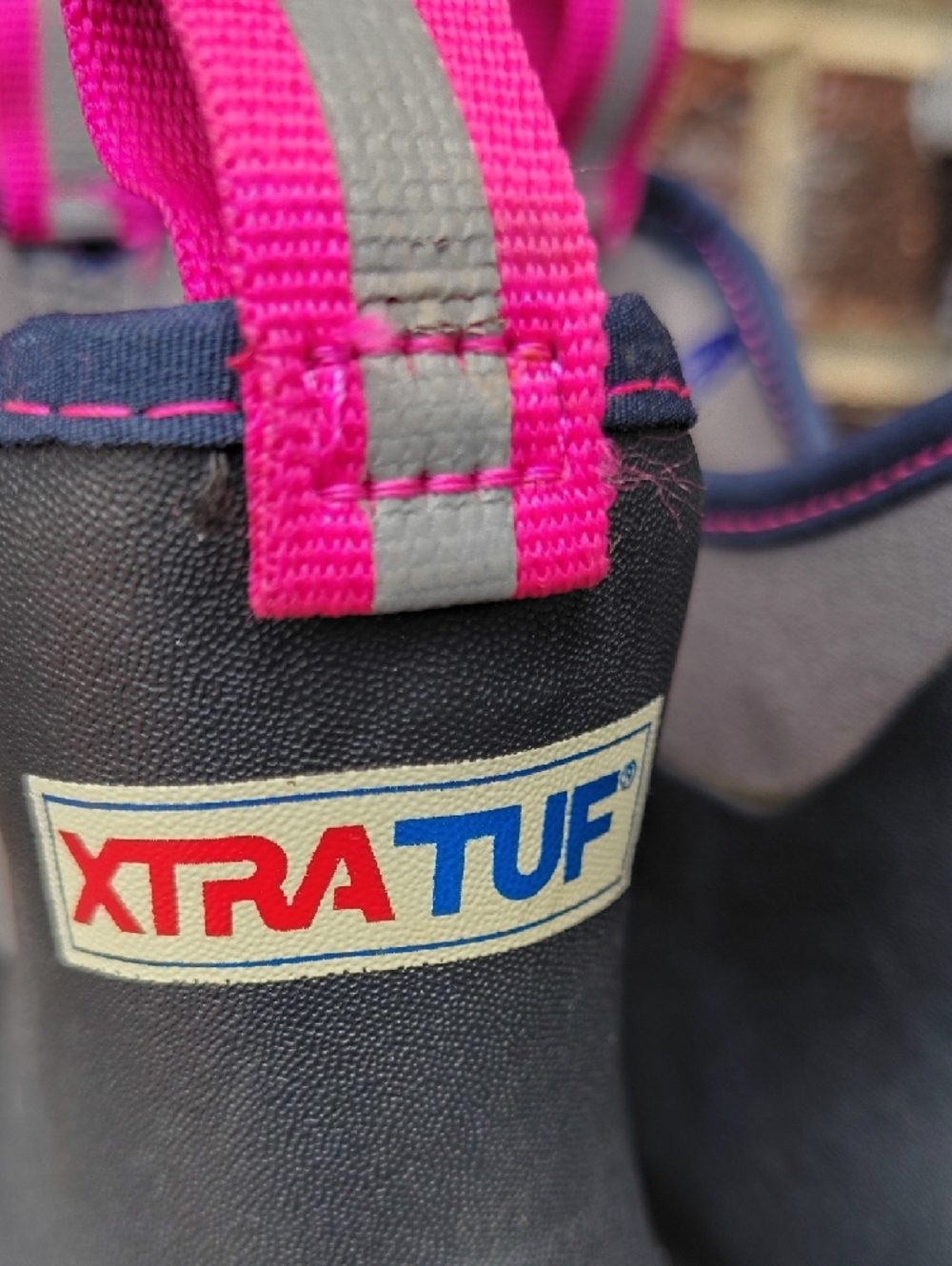XTRATUF Women's Navy and Pink Short Rain Boots - Slip-On Waterproof - Picture 2 of 6